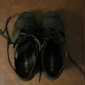 SOREL Black Lace-Up Wedge Sandals